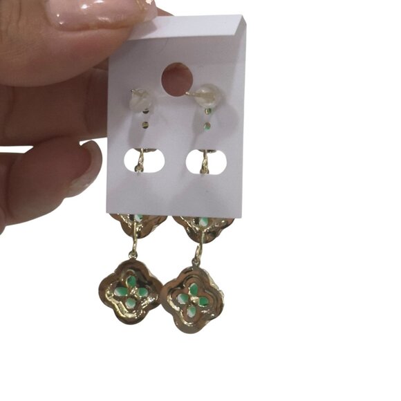 NEW Gold Filled Emerald Green Rinestones & Gold Square Drop Earrings - Picture 5 of 6
